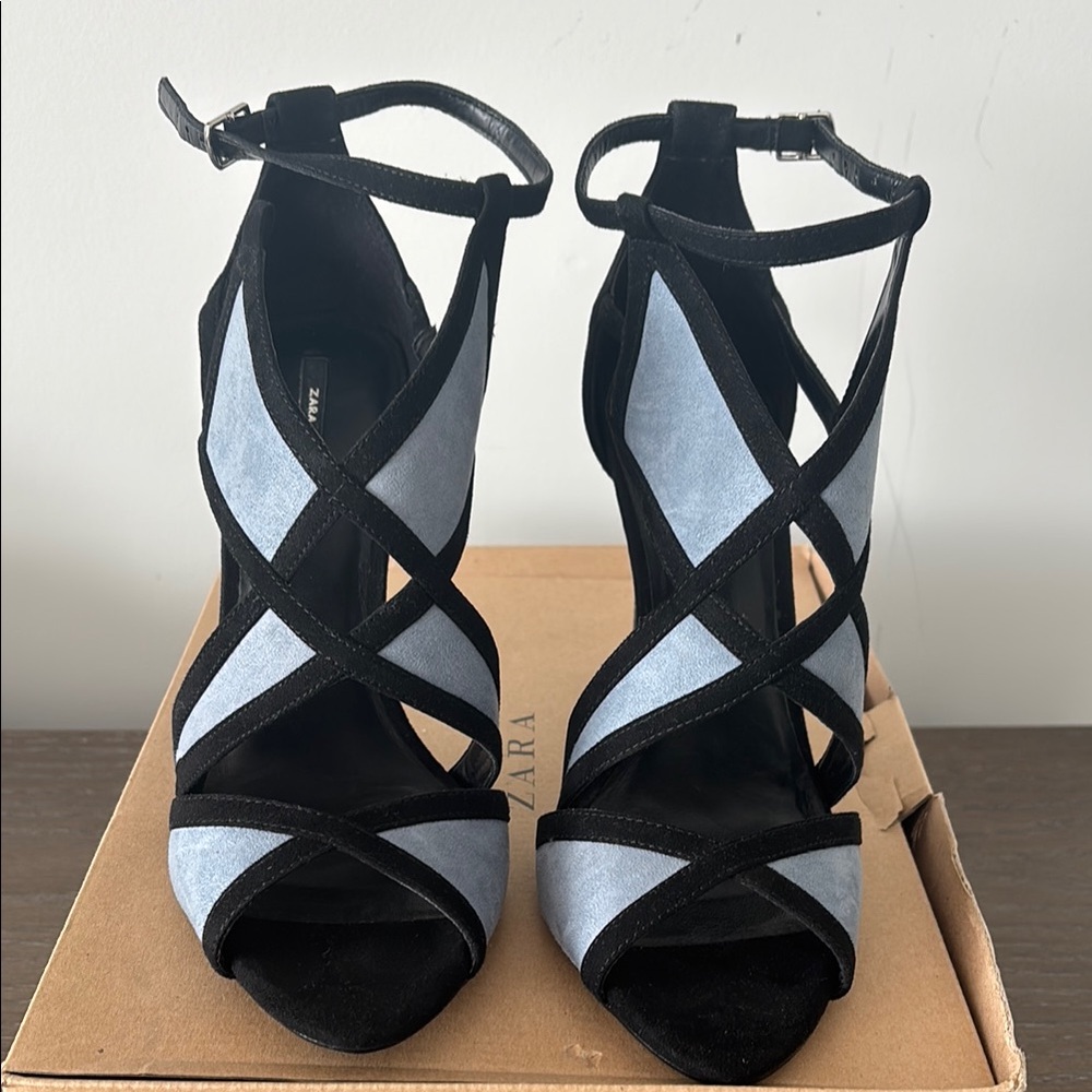 Zara Black and Blue Heels with Strappy Design